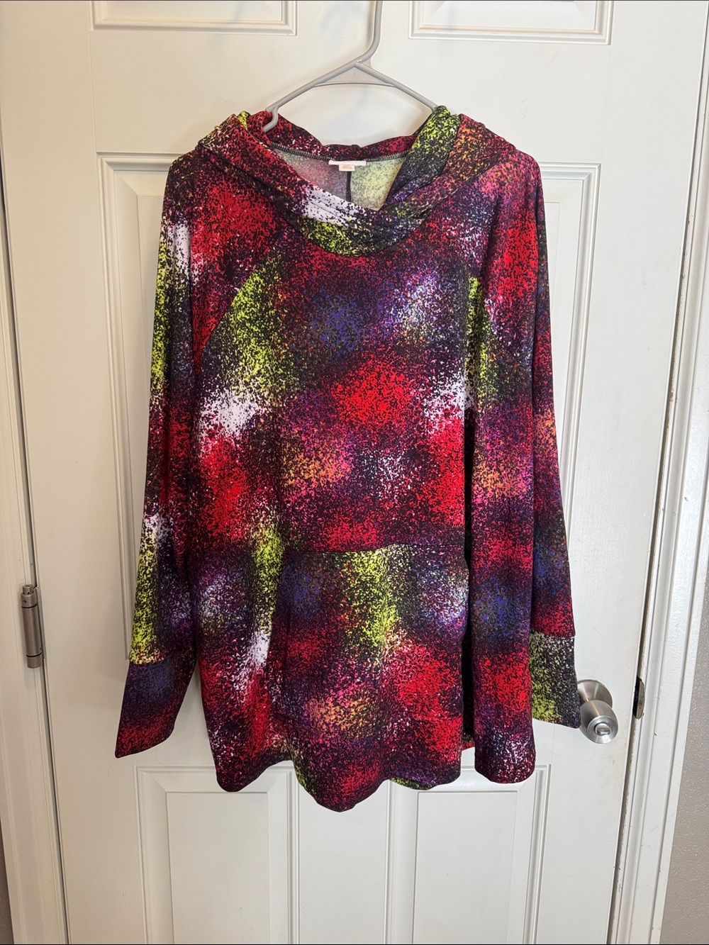 LuLaRoe Multicolor Hooded Pullover - Red, Purple & Lime Speckle